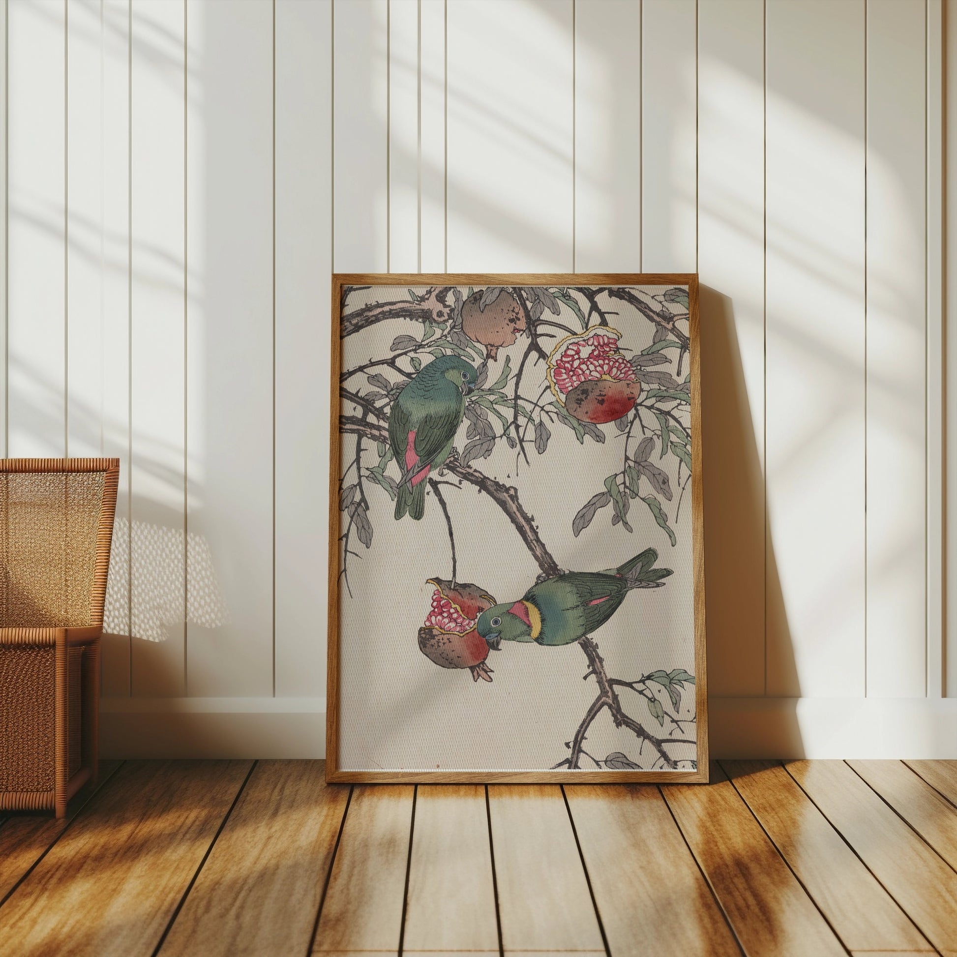 Premium Poster of Colorful Birds on Tree Branch with Pomegranates Posters