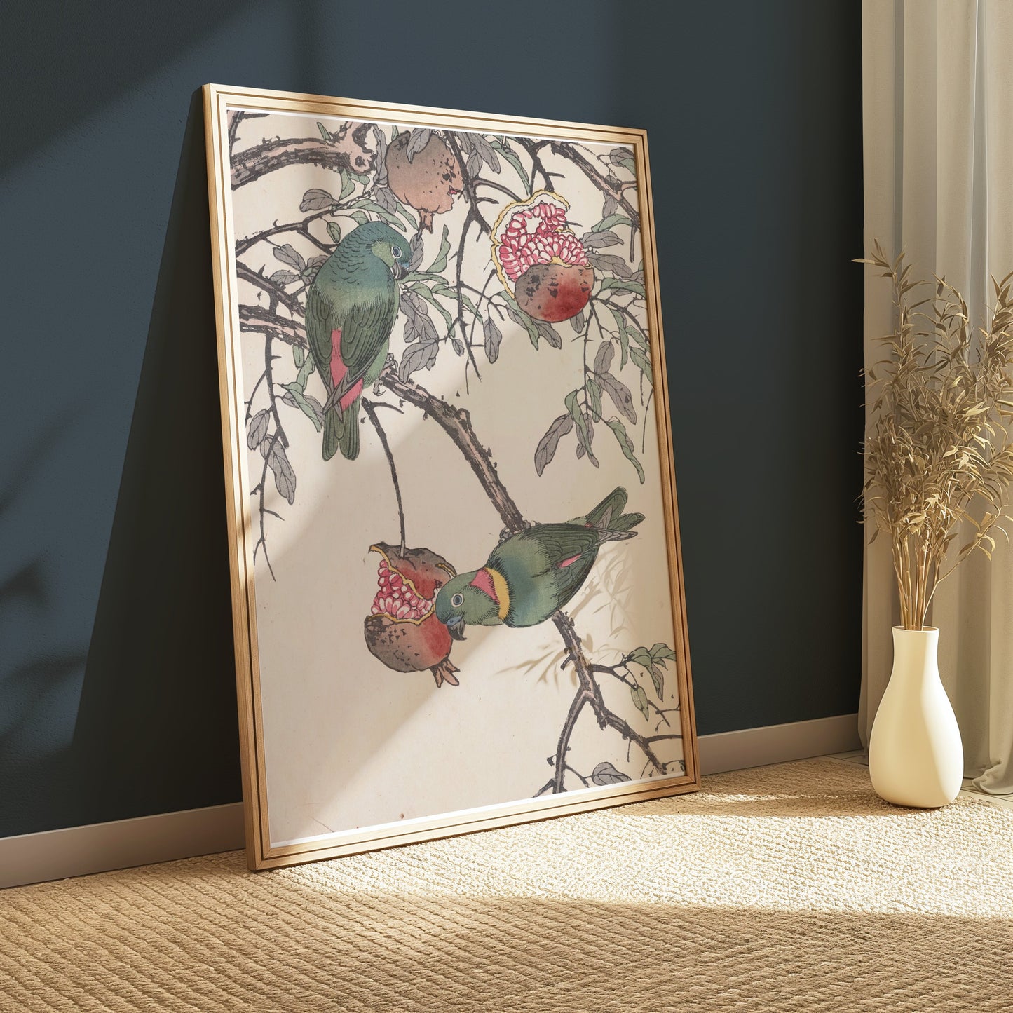 Premium Poster of Colorful Birds on Tree Branch with Pomegranates Posters