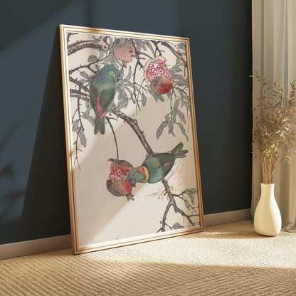 Premium Poster of Colorful Birds on Tree Branch with Pomegranates Posters