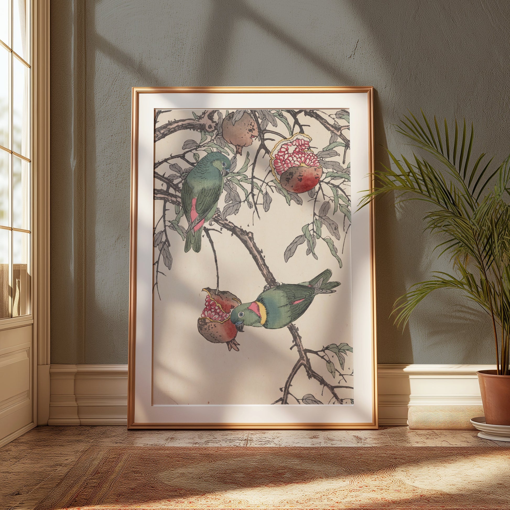 Premium Poster of Colorful Birds on Tree Branch with Pomegranates Posters