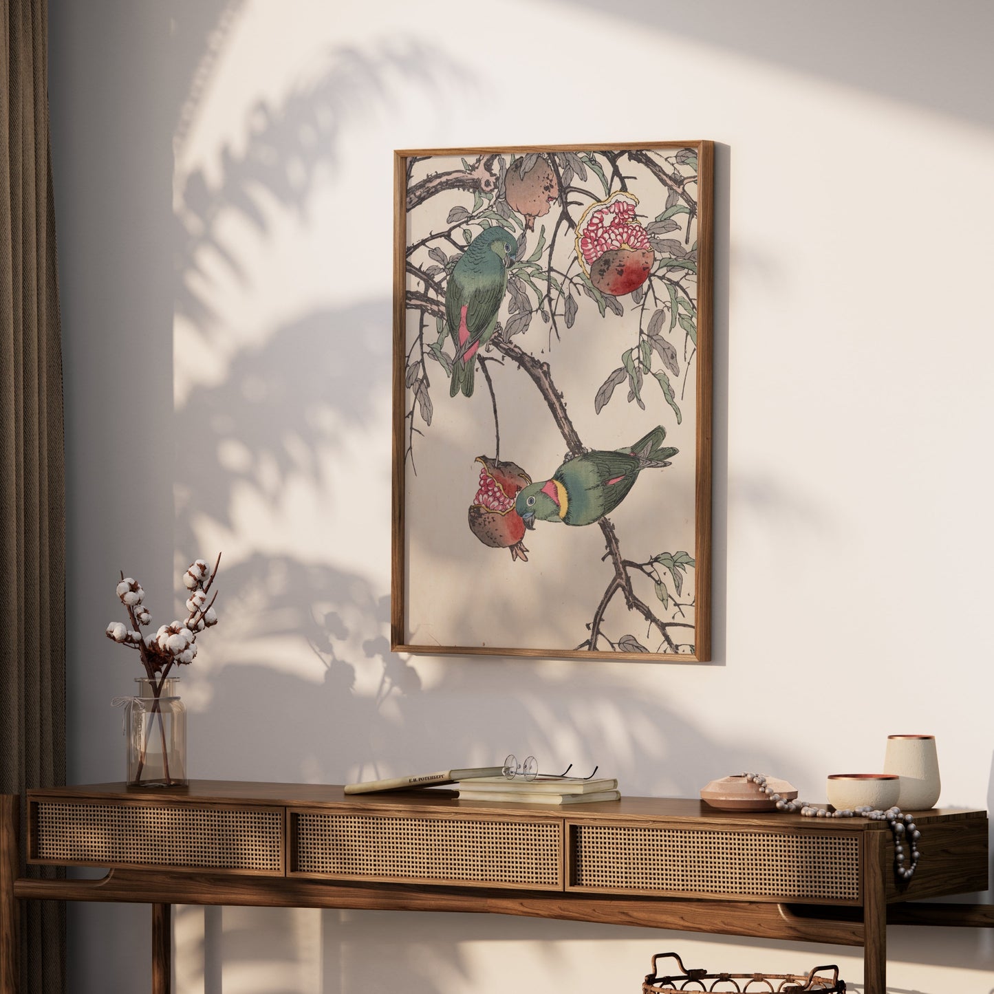 Premium Poster of Colorful Birds on Tree Branch with Pomegranates Posters