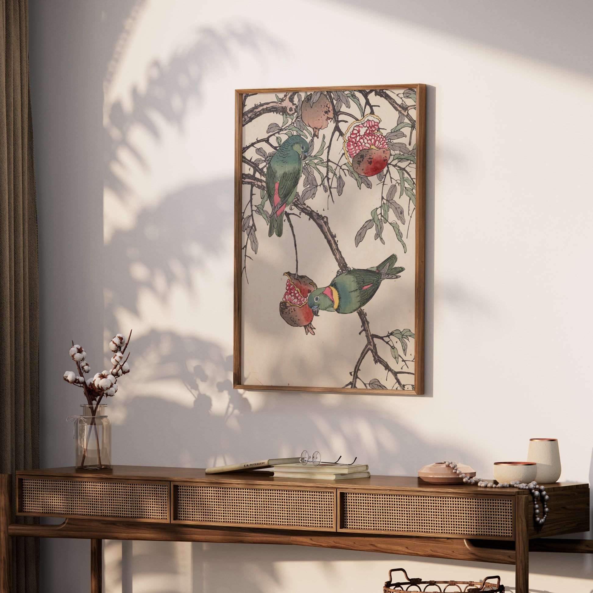 Premium Poster of Colorful Birds on Tree Branch with Pomegranates Posters