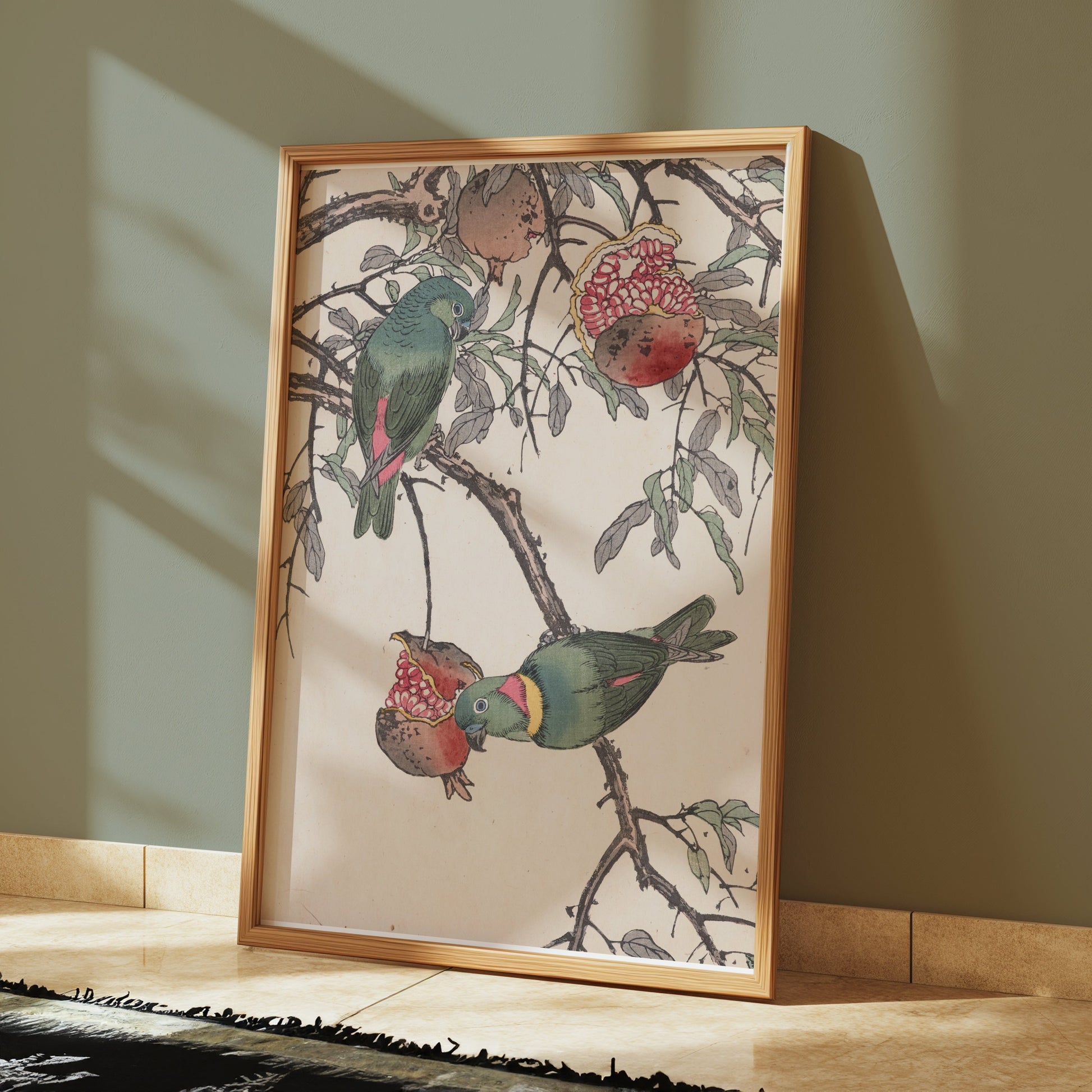 Premium Poster of Colorful Birds on Tree Branch with Pomegranates Posters