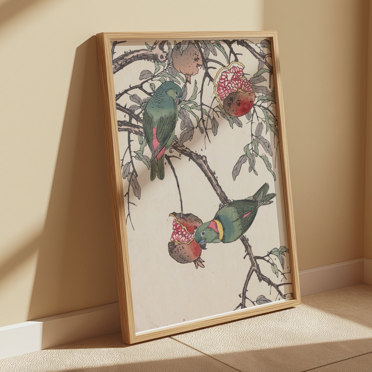 Premium Poster of Colorful Birds on Tree Branch with Pomegranates Posters