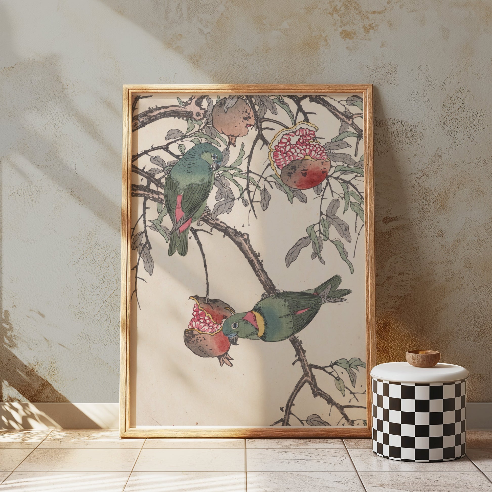 Premium Poster of Colorful Birds on Tree Branch with Pomegranates Posters