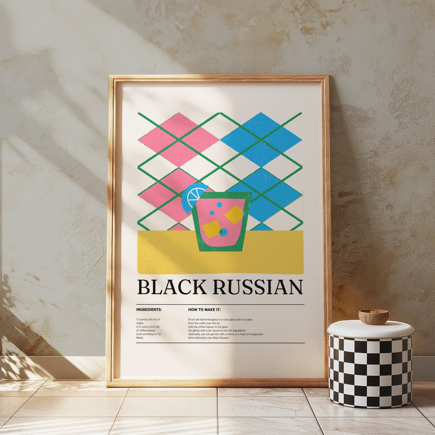 Premium Poster of Colorful Black Russian Cocktail Recipe Art Posters