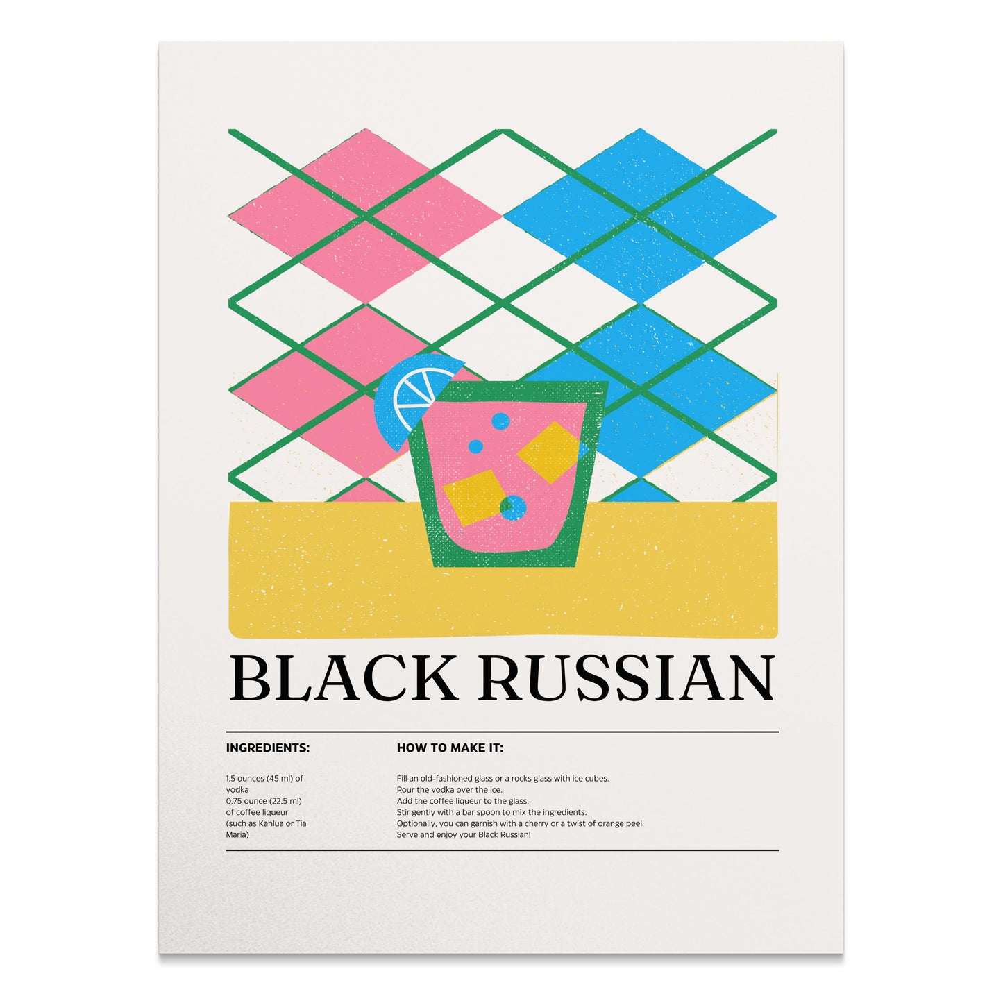 Premium Poster of Colorful Black Russian Cocktail Recipe Art Posters
