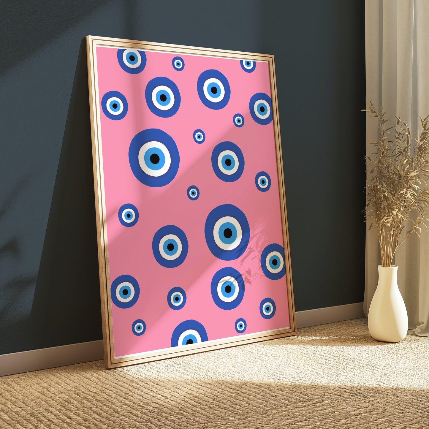 Premium Poster of Colorful Blue Eye Pattern on Pink Background Posters