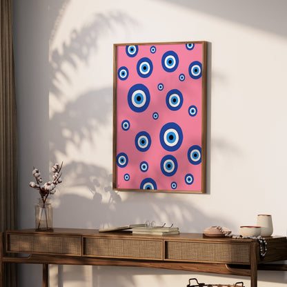 Premium Poster of Colorful Blue Eye Pattern on Pink Background Posters