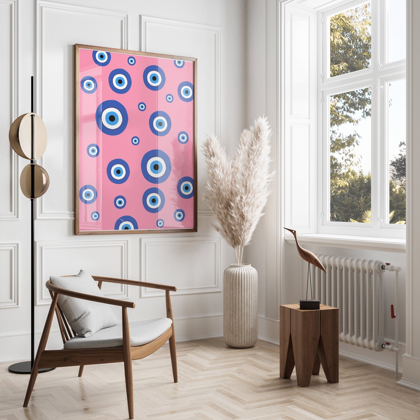Premium Poster of Colorful Blue Eye Pattern on Pink Background Posters