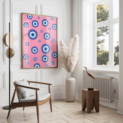 Premium Poster of Colorful Blue Eye Pattern on Pink Background Posters