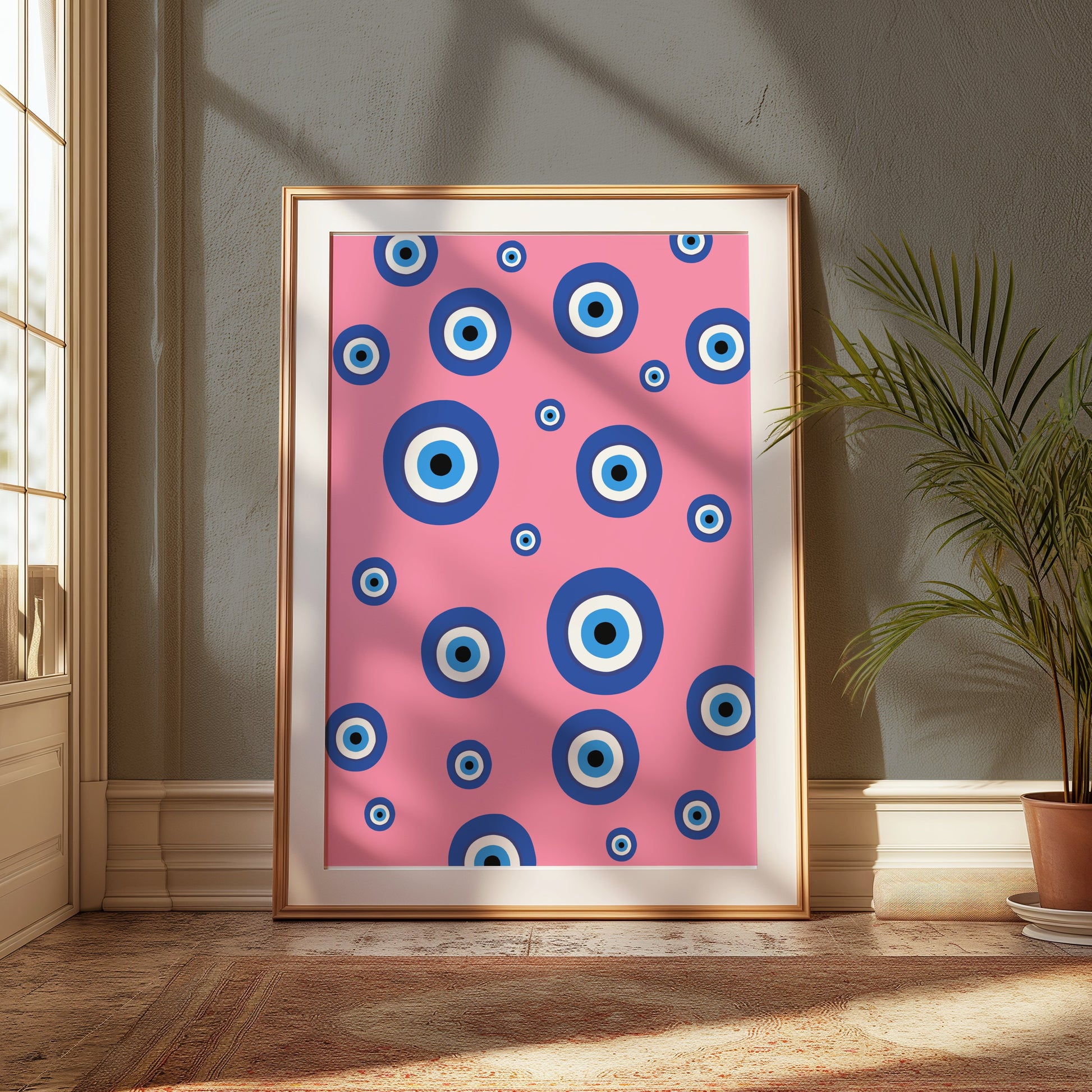 Premium Poster of Colorful Blue Eye Pattern on Pink Background Posters