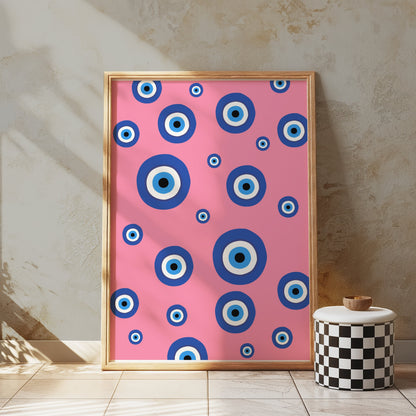 Premium Poster of Colorful Blue Eye Pattern on Pink Background Posters