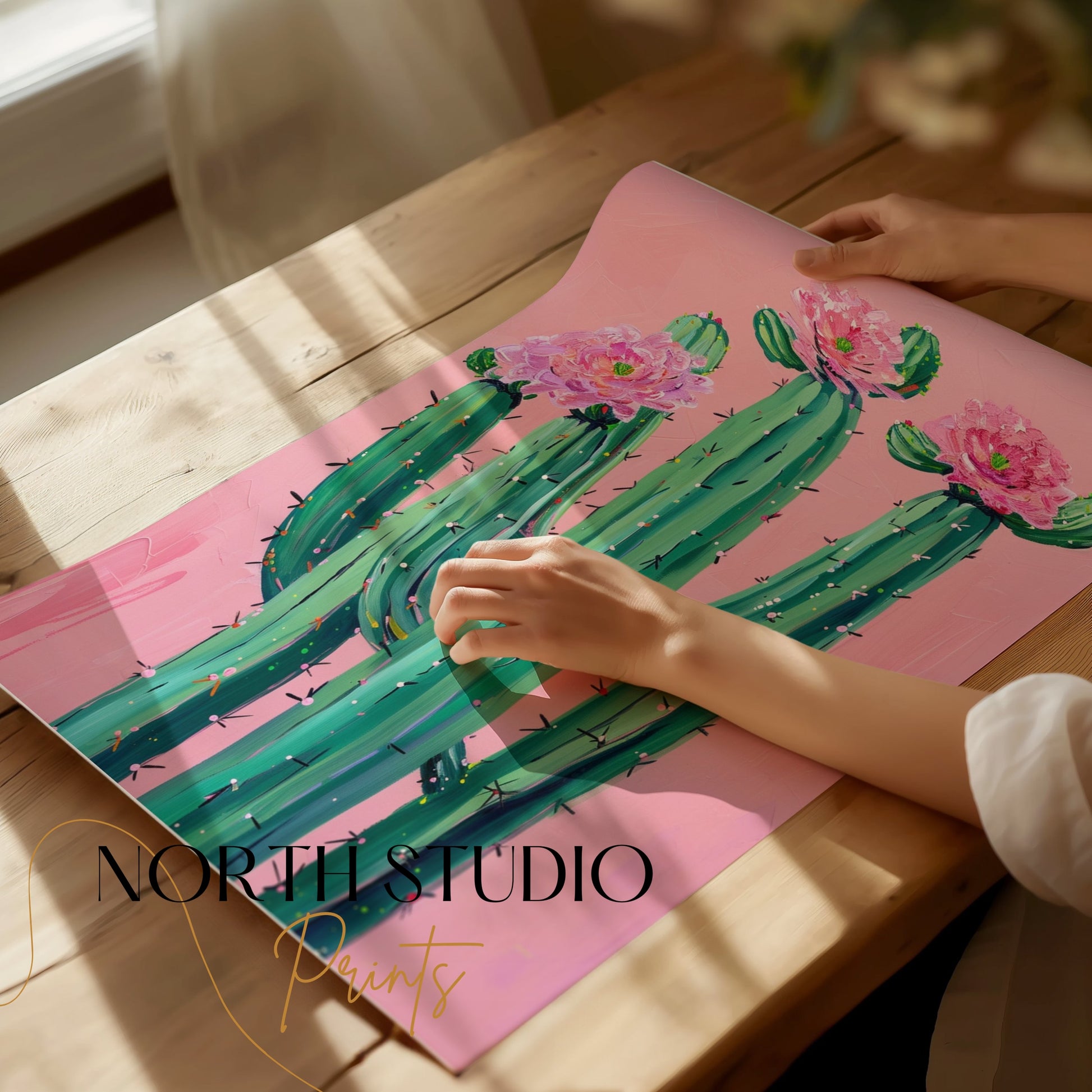 Premium Poster of Colorful Cactus Art with Pink Flowers Posters