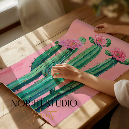 Premium Poster of Colorful Cactus Art with Pink Flowers Posters