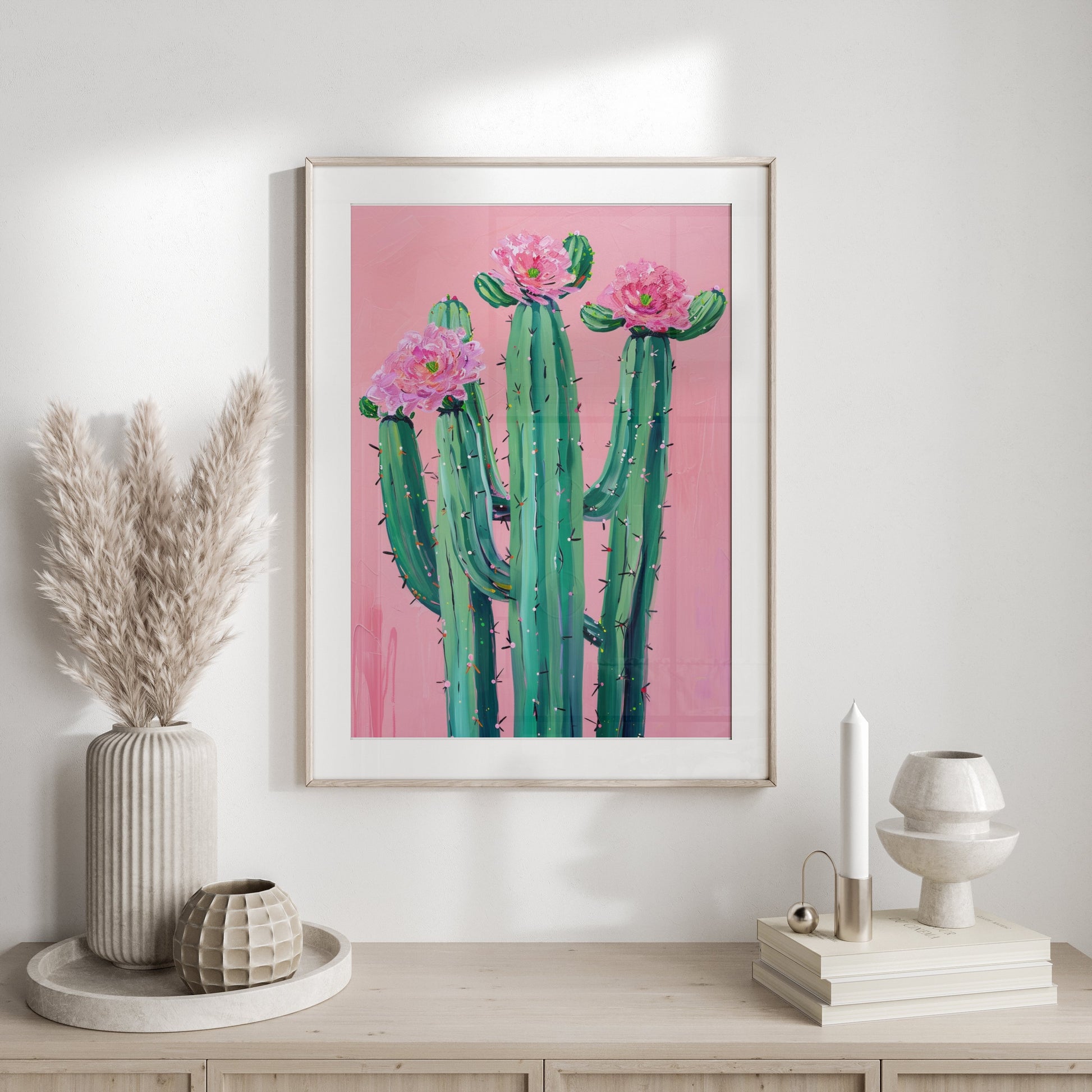 Premium Poster of Colorful Cactus Art with Pink Flowers Posters