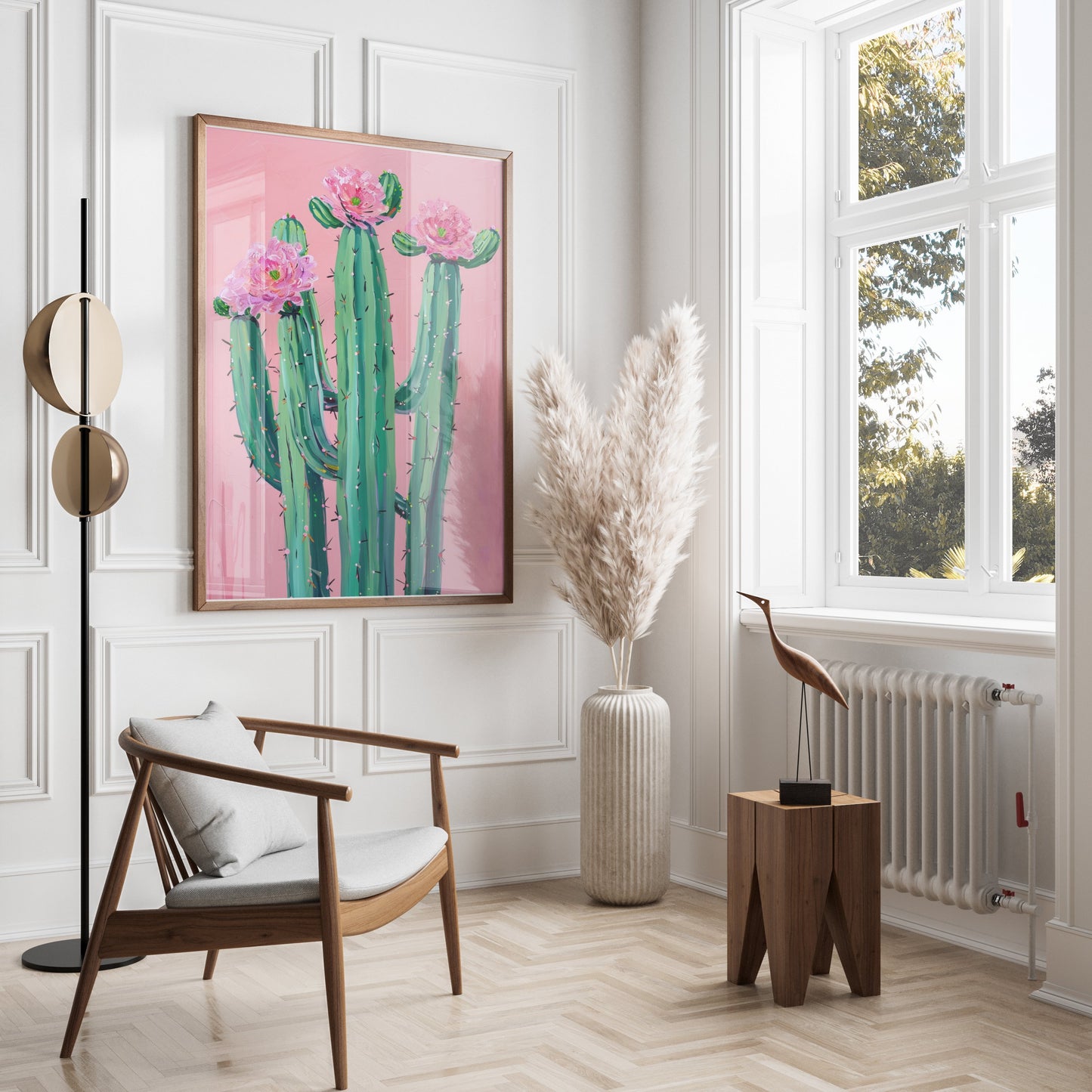 Premium Poster of Colorful Cactus Art with Pink Flowers Posters