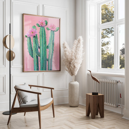 Premium Poster of Colorful Cactus Art with Pink Flowers Posters