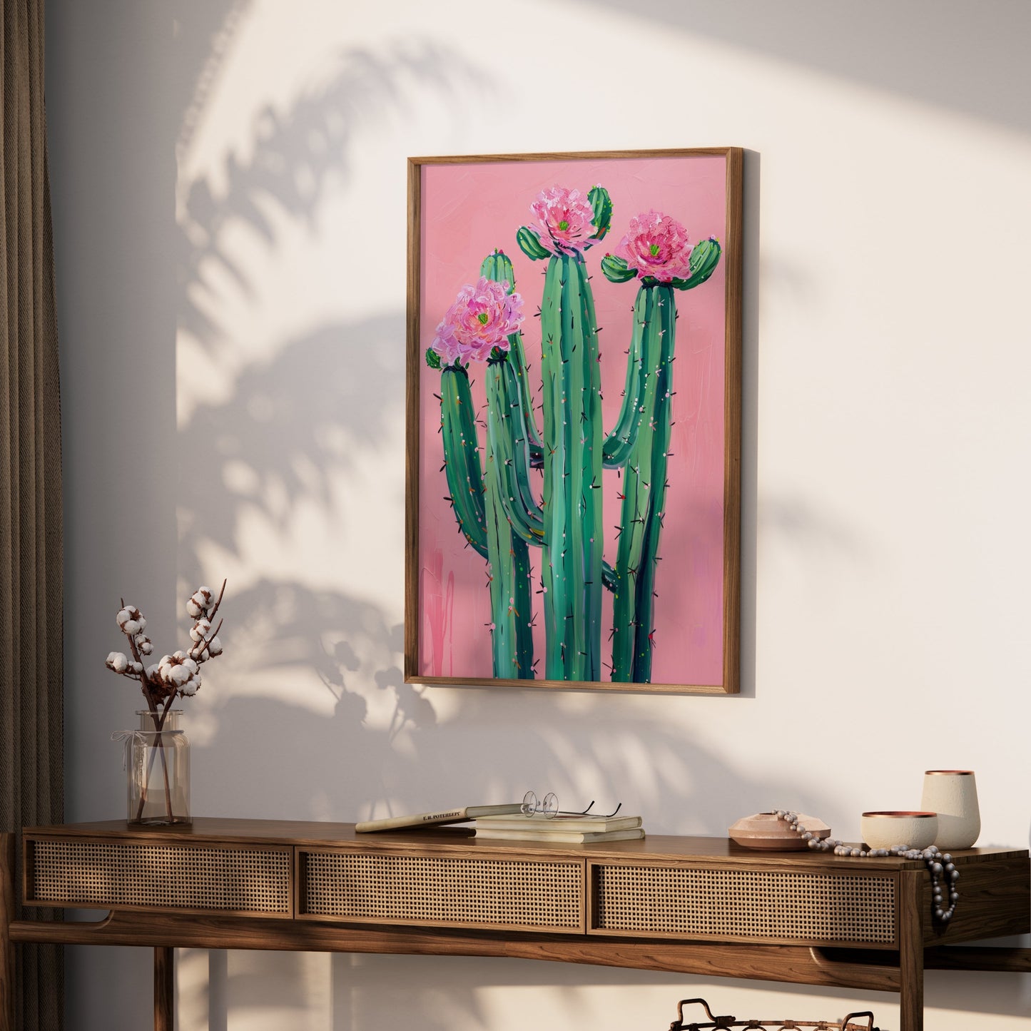 Premium Poster of Colorful Cactus Art with Pink Flowers Posters