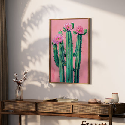 Premium Poster of Colorful Cactus Art with Pink Flowers Posters