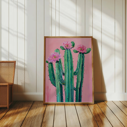 Premium Poster of Colorful Cactus Art with Pink Flowers Posters