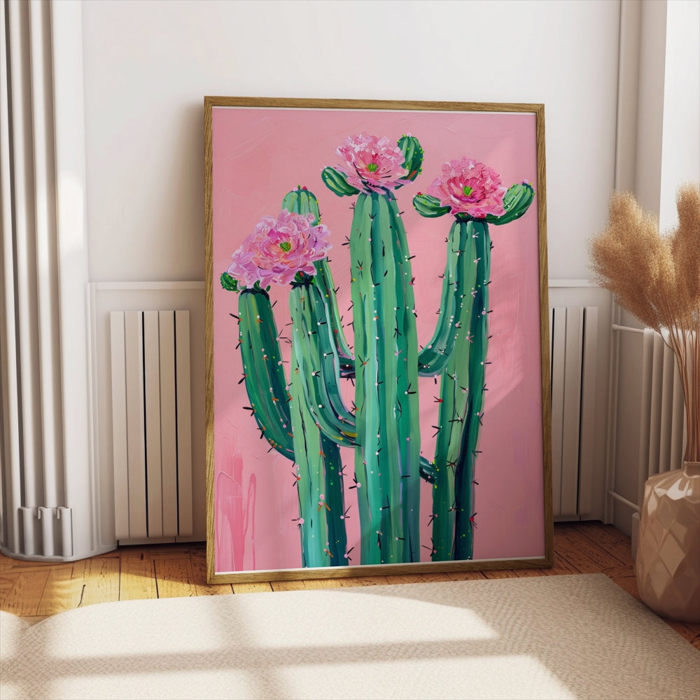 Premium Poster of Colorful Cactus Art with Pink Flowers Posters