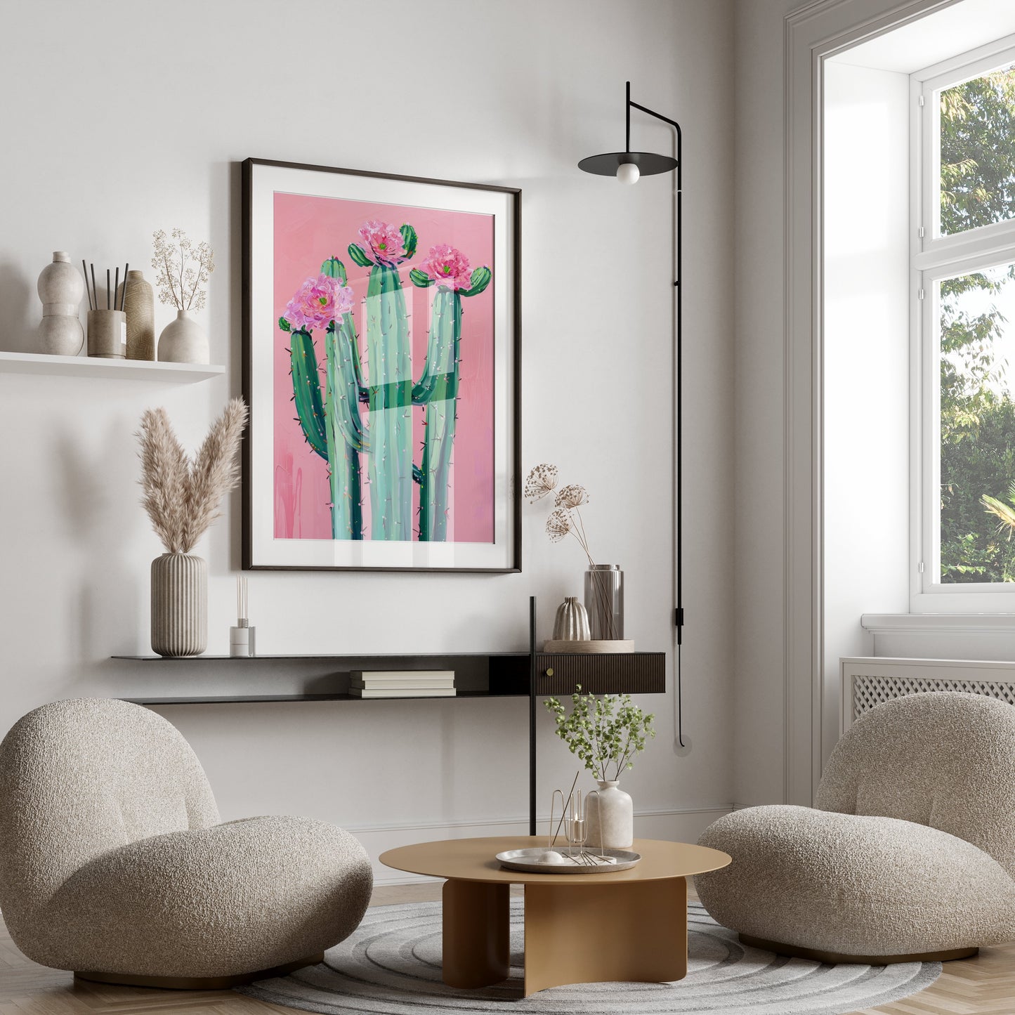 Premium Poster of Colorful Cactus Art with Pink Flowers Posters