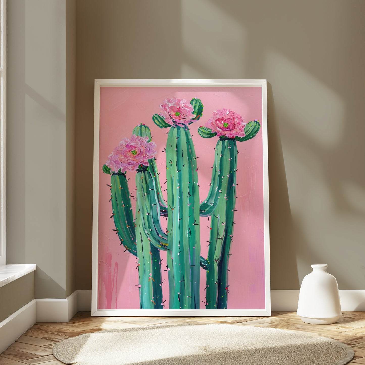 Premium Poster of Colorful Cactus Art with Pink Flowers Posters