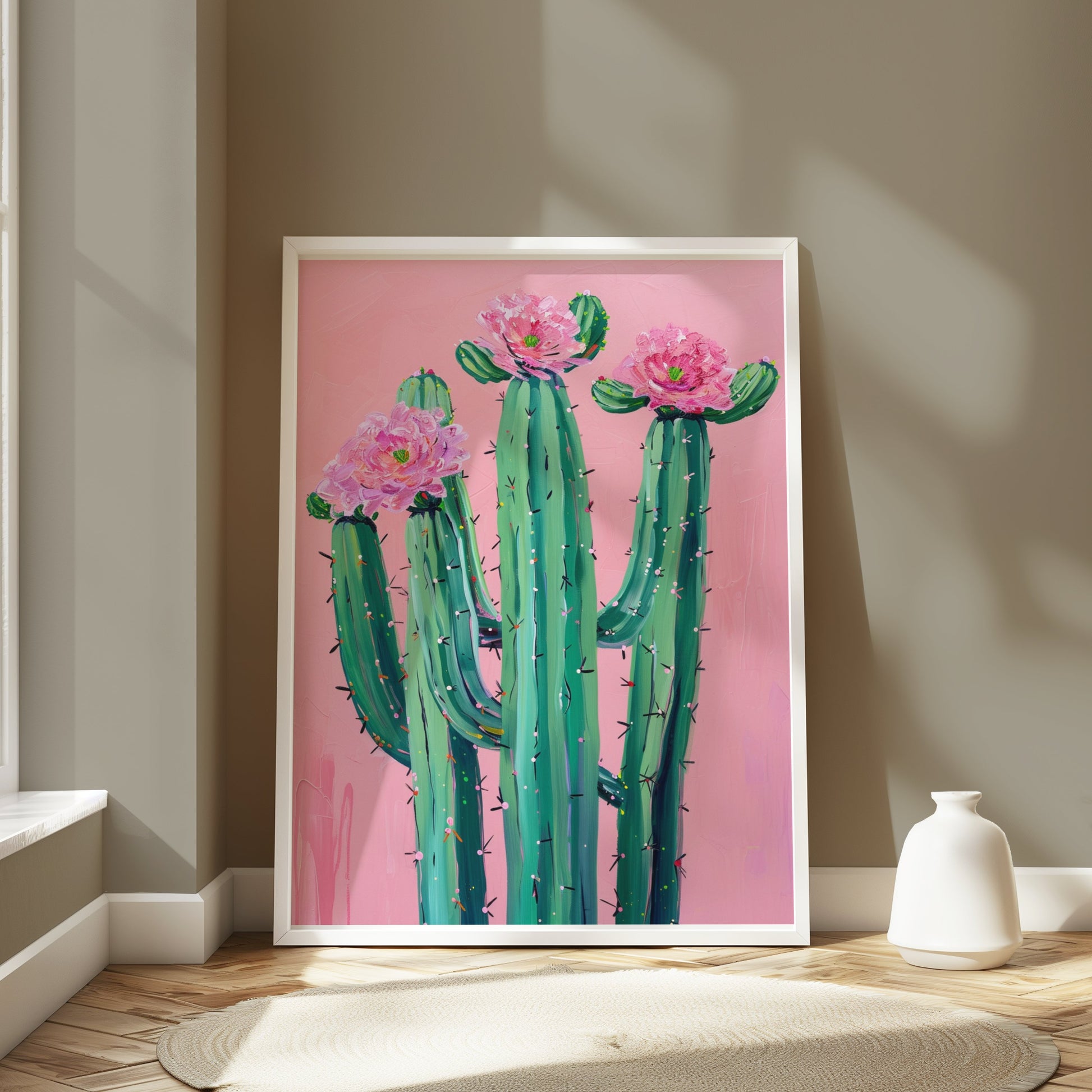 Premium Poster of Colorful Cactus Art with Pink Flowers Posters