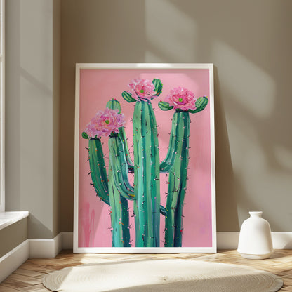 Premium Poster of Colorful Cactus Art with Pink Flowers Posters