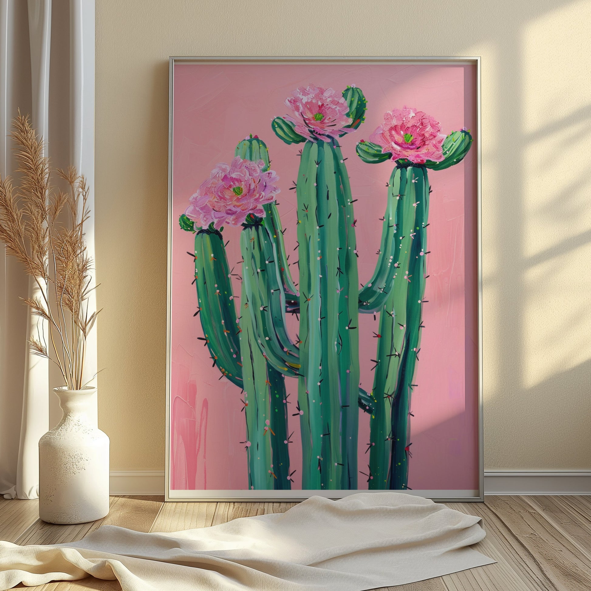 Premium Poster of Colorful Cactus Art with Pink Flowers Posters