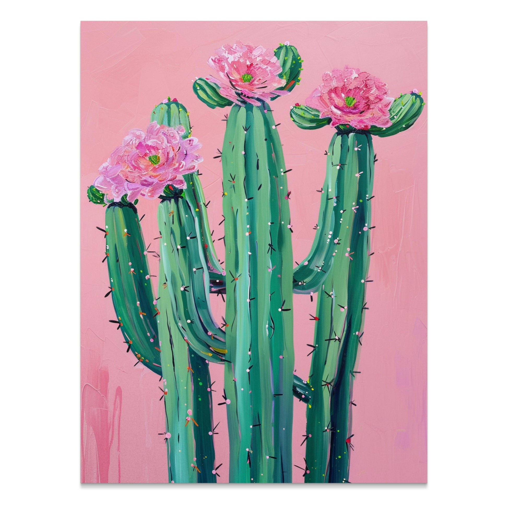 Premium Poster of Colorful Cactus Art with Pink Flowers Posters