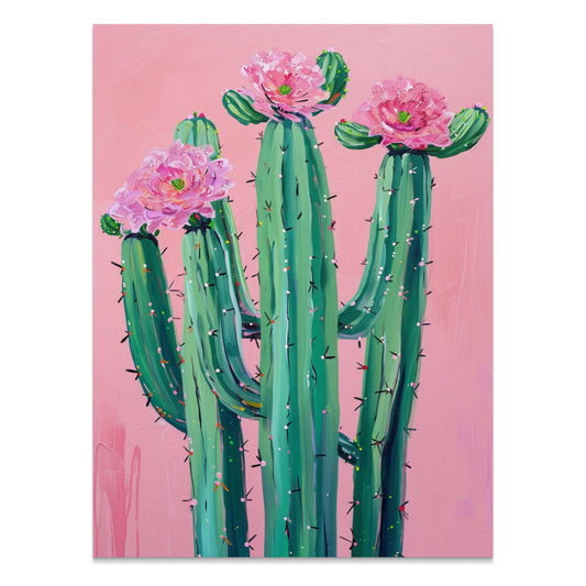 Premium Poster of Colorful Cactus Art with Pink Flowers Posters