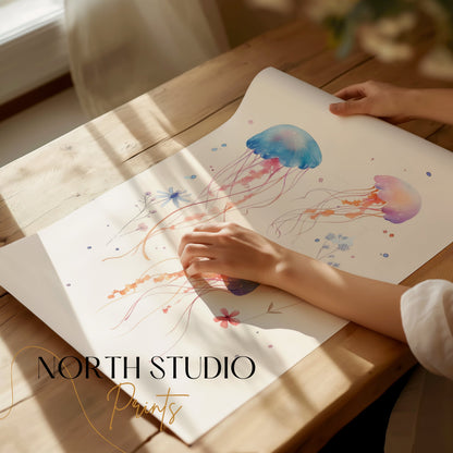Premium Poster of Colorful Floating Jellyfish Art Illustration Posters