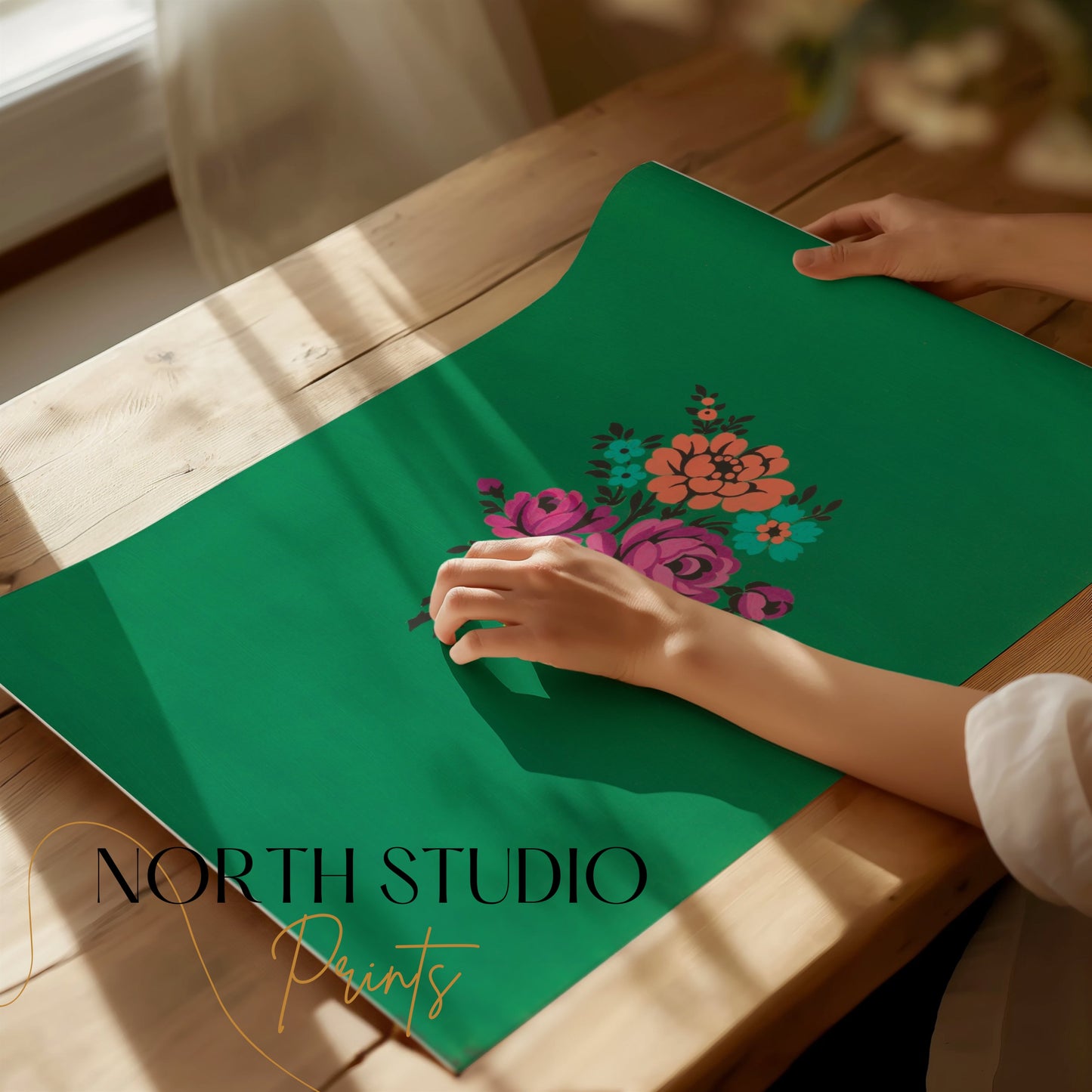 Premium Poster of Colorful Floral Bouquet on Green Background Posters