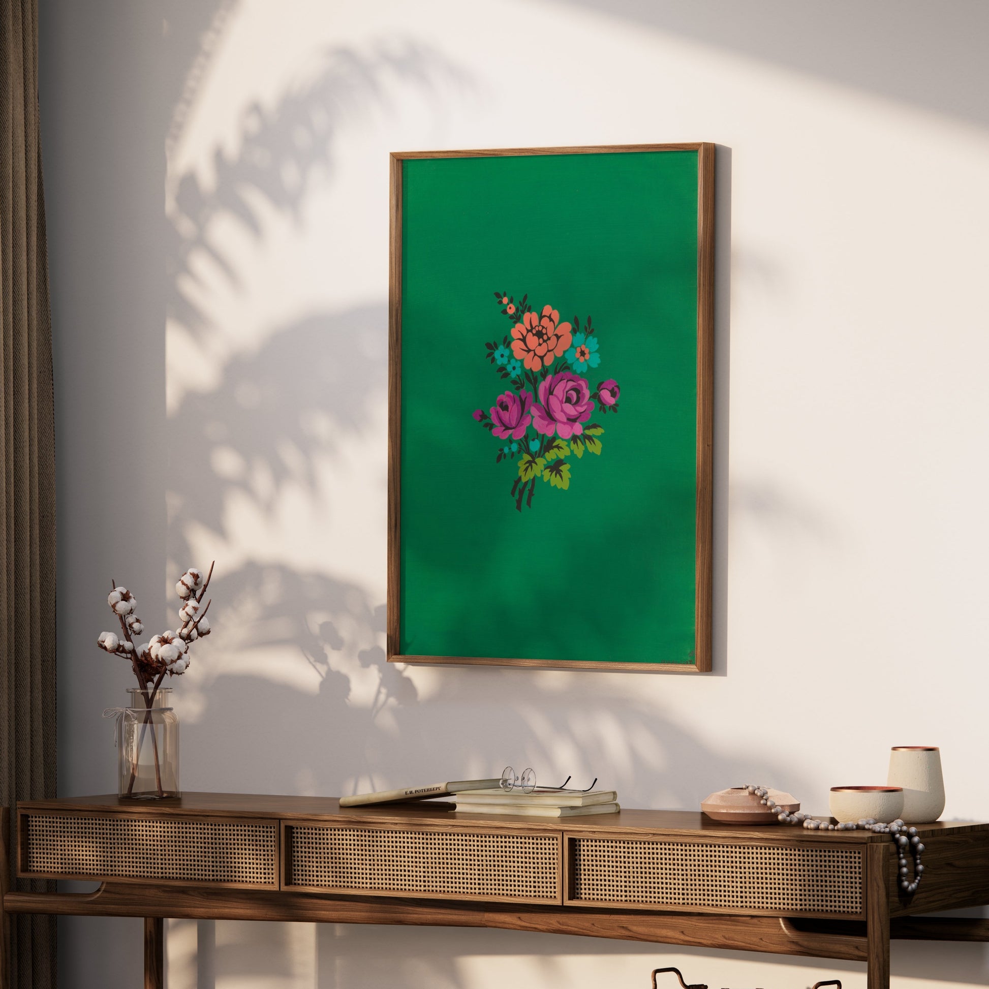 Premium Poster of Colorful Floral Bouquet on Green Background Posters
