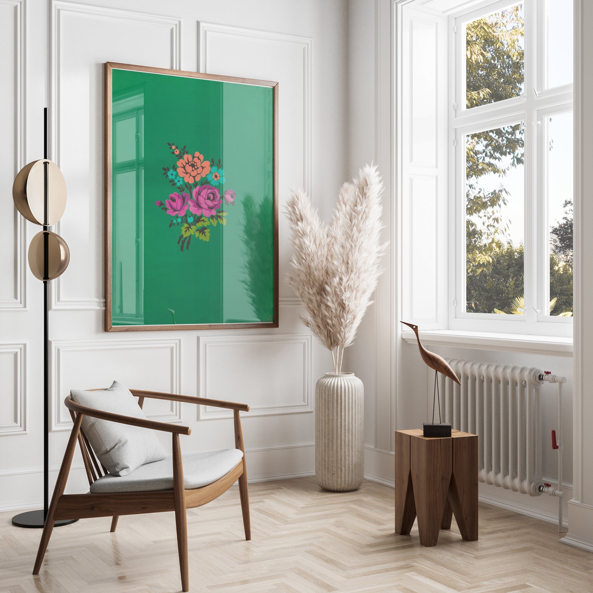 Premium Poster of Colorful Floral Bouquet on Green Background Posters