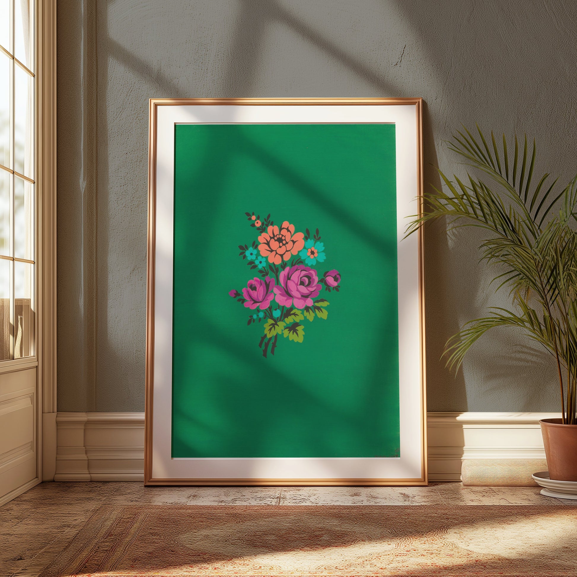 Premium Poster of Colorful Floral Bouquet on Green Background Posters