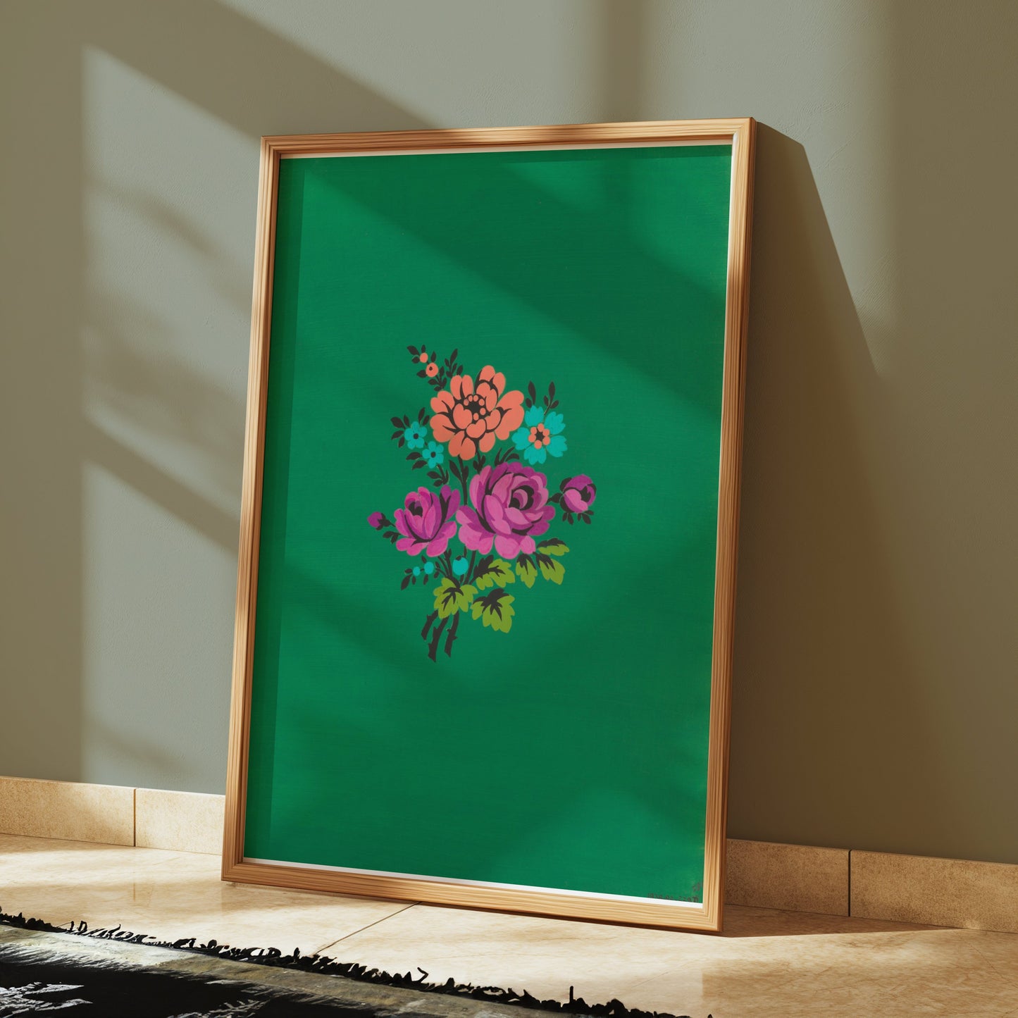 Premium Poster of Colorful Floral Bouquet on Green Background Posters