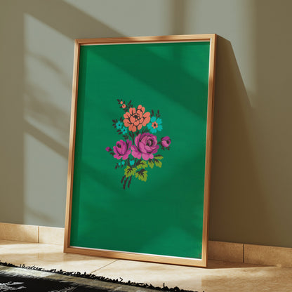 Premium Poster of Colorful Floral Bouquet on Green Background Posters
