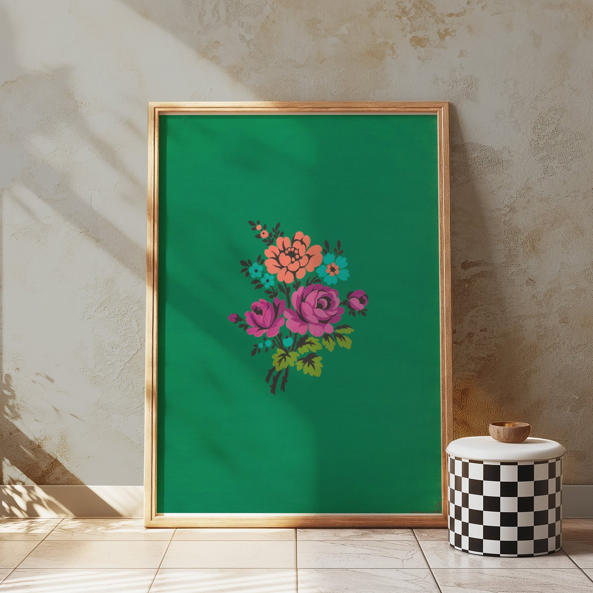 Premium Poster of Colorful Floral Bouquet on Green Background Posters