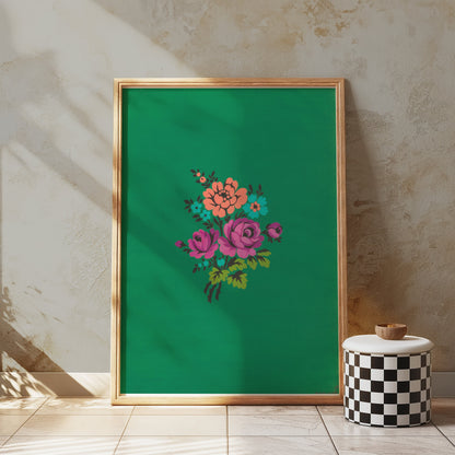 Premium Poster of Colorful Floral Bouquet on Green Background Posters