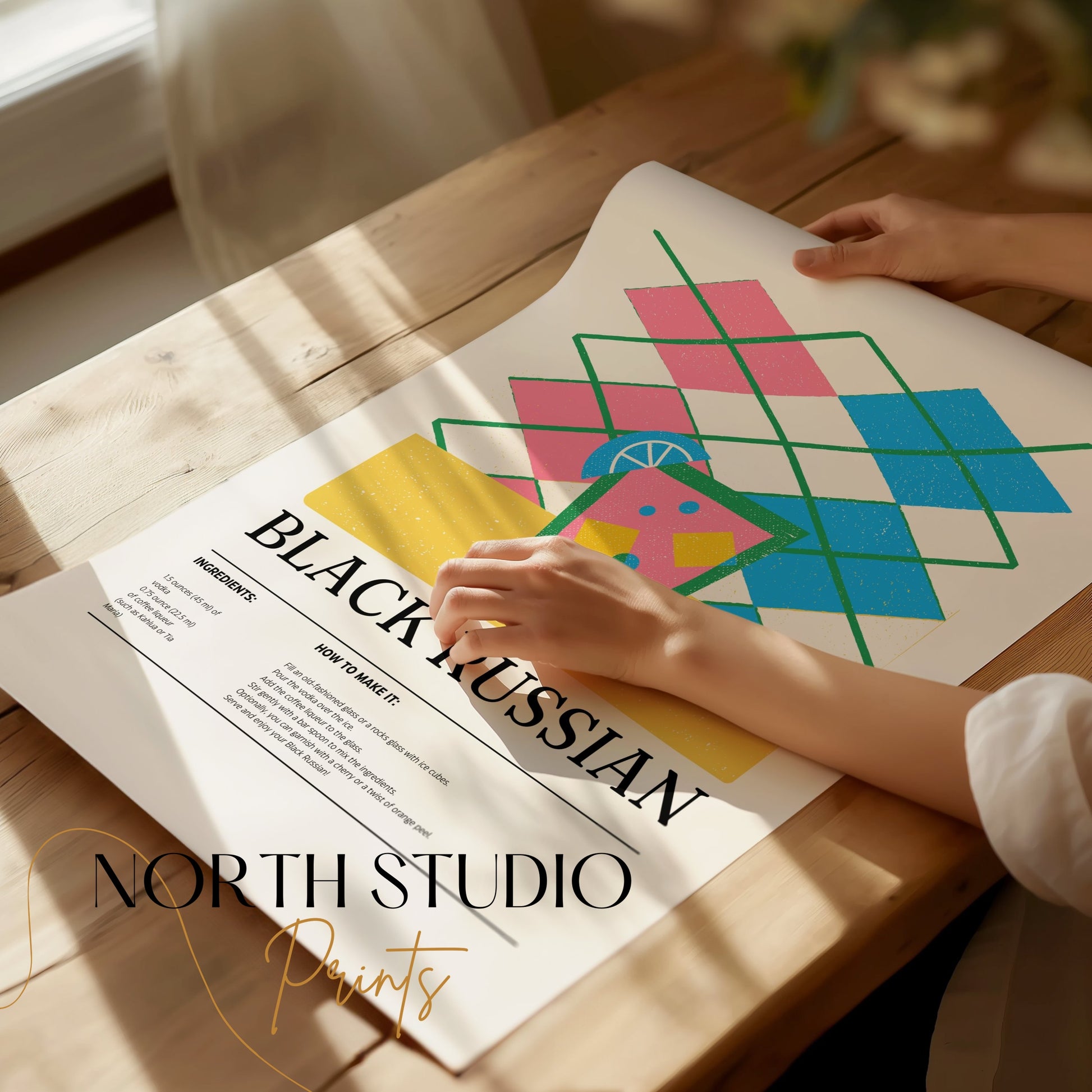 Premium Poster of Colorful Geometric Black Russian Cocktail Recipe Posters