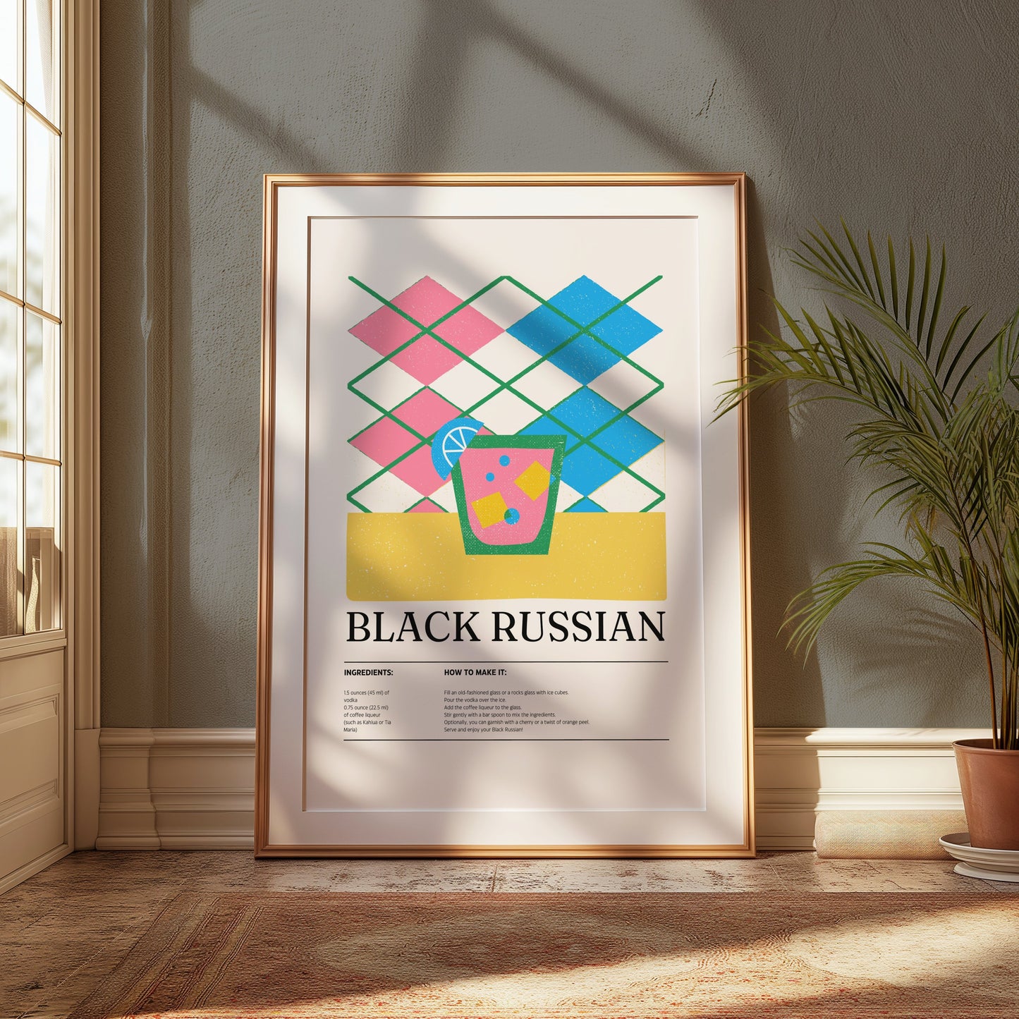Premium Poster of Colorful Geometric Black Russian Cocktail Recipe Posters
