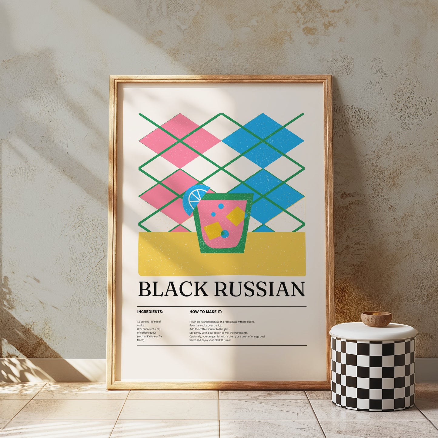 Premium Poster of Colorful Geometric Black Russian Cocktail Recipe Posters