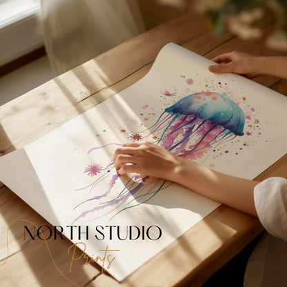 Premium Poster of Colorful Jellyfish Art with Splash Effects Posters