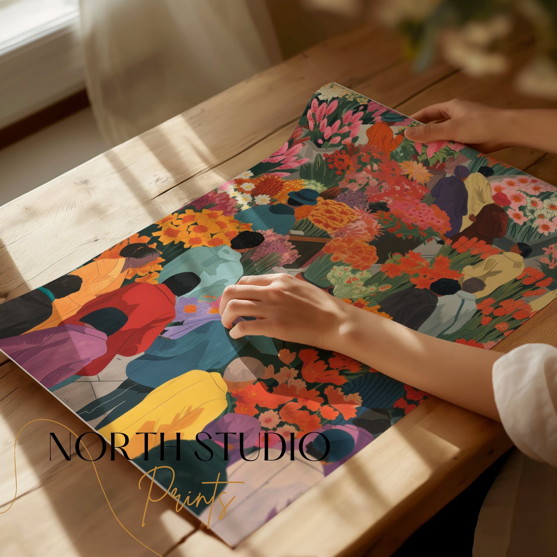 Premium Poster of Colorful Market Flowers and People Illustration Posters