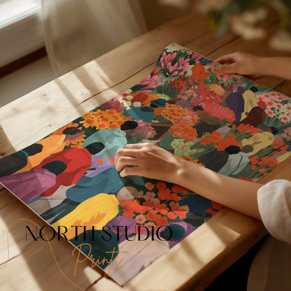 Premium Poster of Colorful Market Flowers and People Illustration Posters