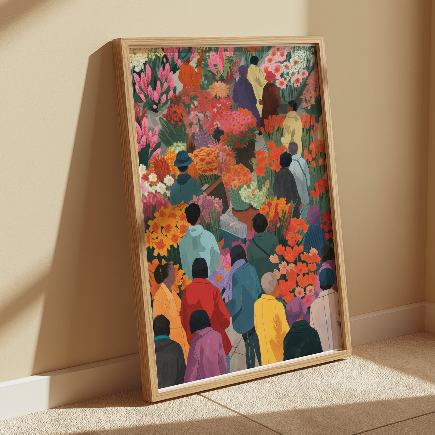 Premium Poster of Colorful Market Flowers and People Illustration Posters