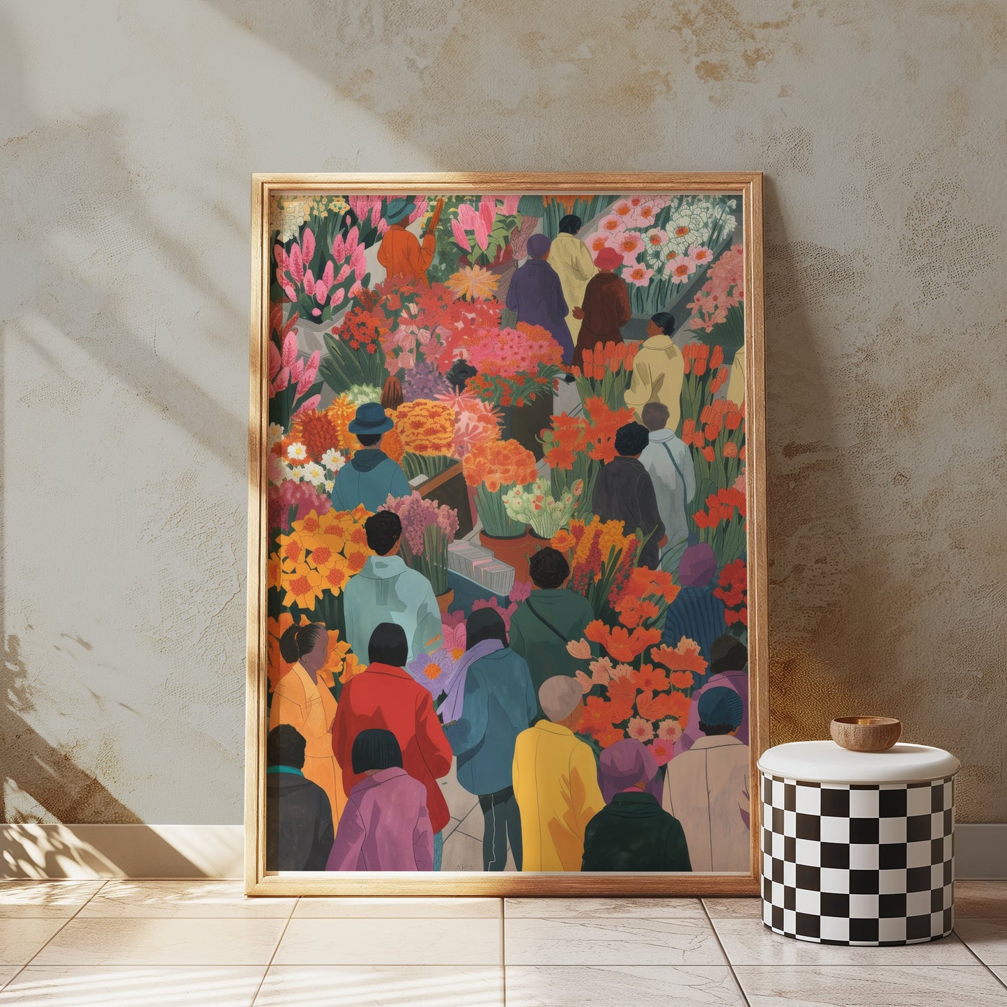 Premium Poster of Colorful Market Flowers and People Illustration Posters
